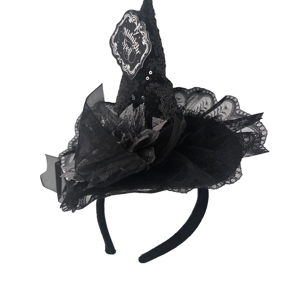 Midnight Spell Witch Hat Headband Adult One Size Black New Gothic Lace Sequin